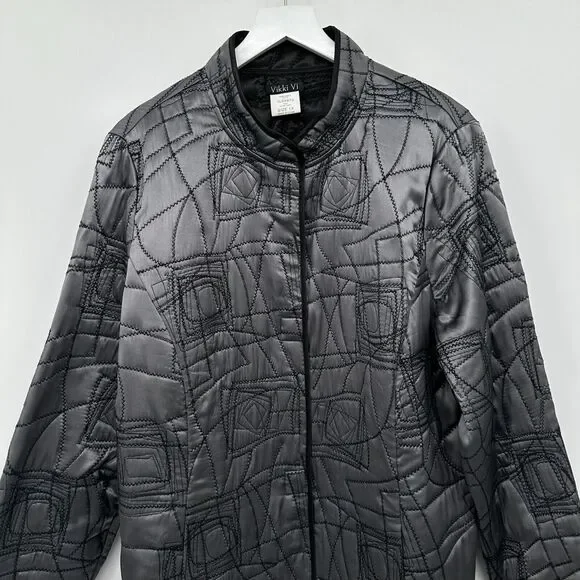 Vikki Vi Jacket Coat 100% Silk Plus Size 1X Reversible‎ Quilted Silver Black New